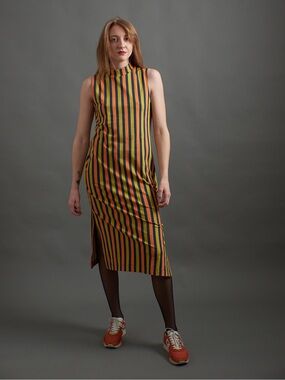 Mata Traders Maggie Mock Neck Dress Navy Chartreuse Stripe